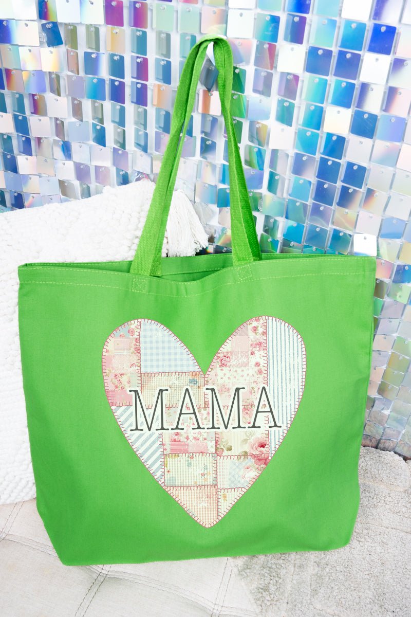 Faux Patchwork Quilt Mama Heart Canvas Jumbo Tote - Wholesale Accessory Market