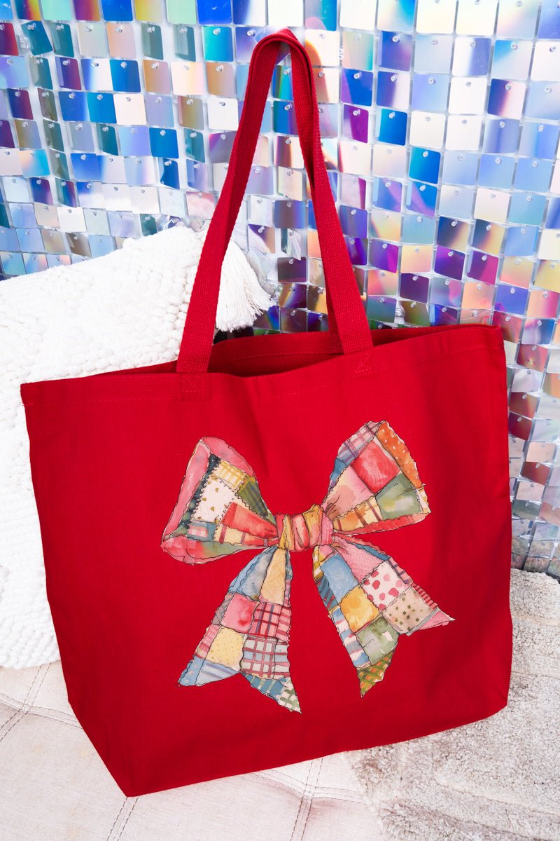 Faux Patchwork Quilt Stripe Bow Canvas Jumbo Tote - Wholesale Accessory Market