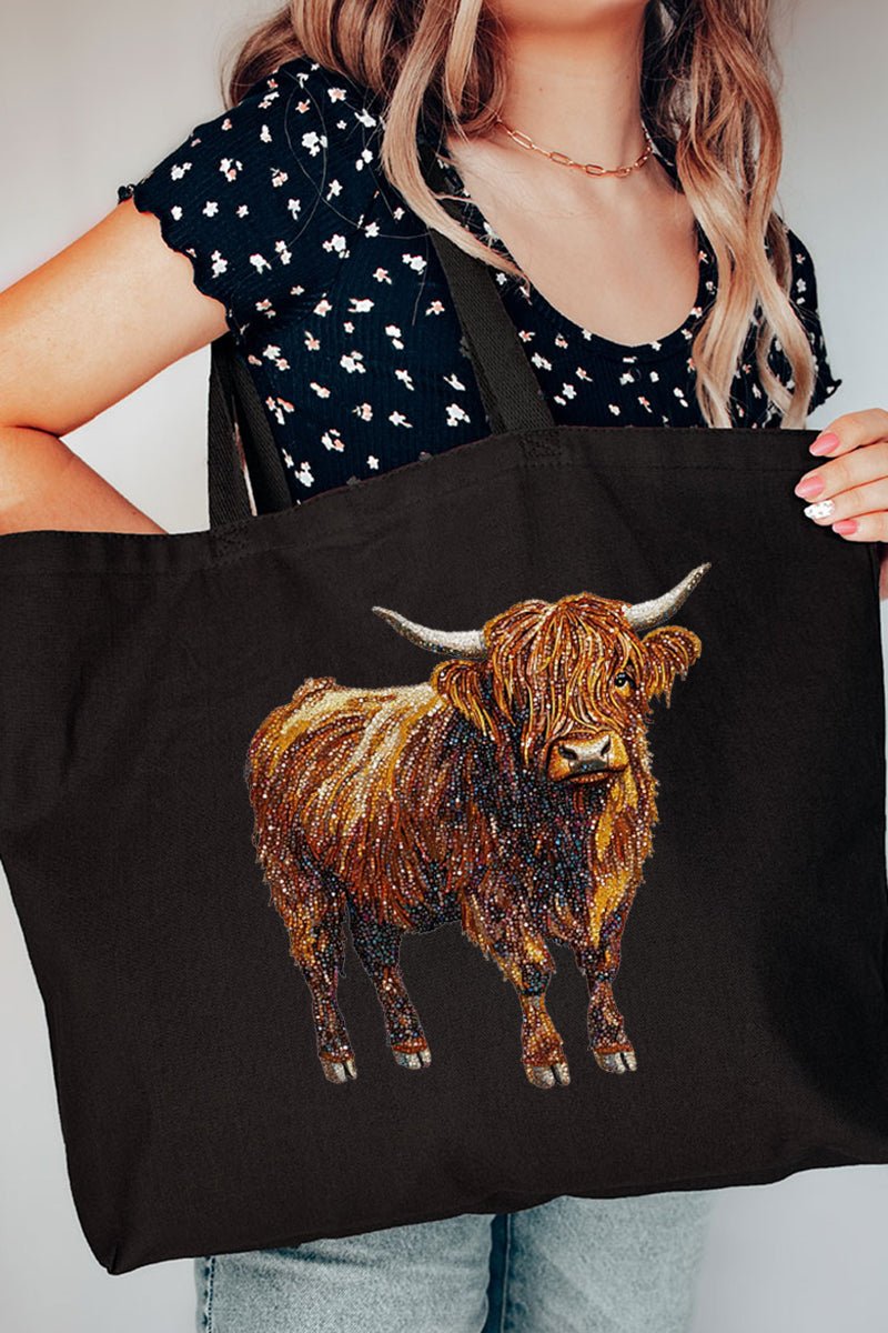 Faux Rhinestone Highland Cow Canvas Jumbo Tote - Wholesale Accessory Market