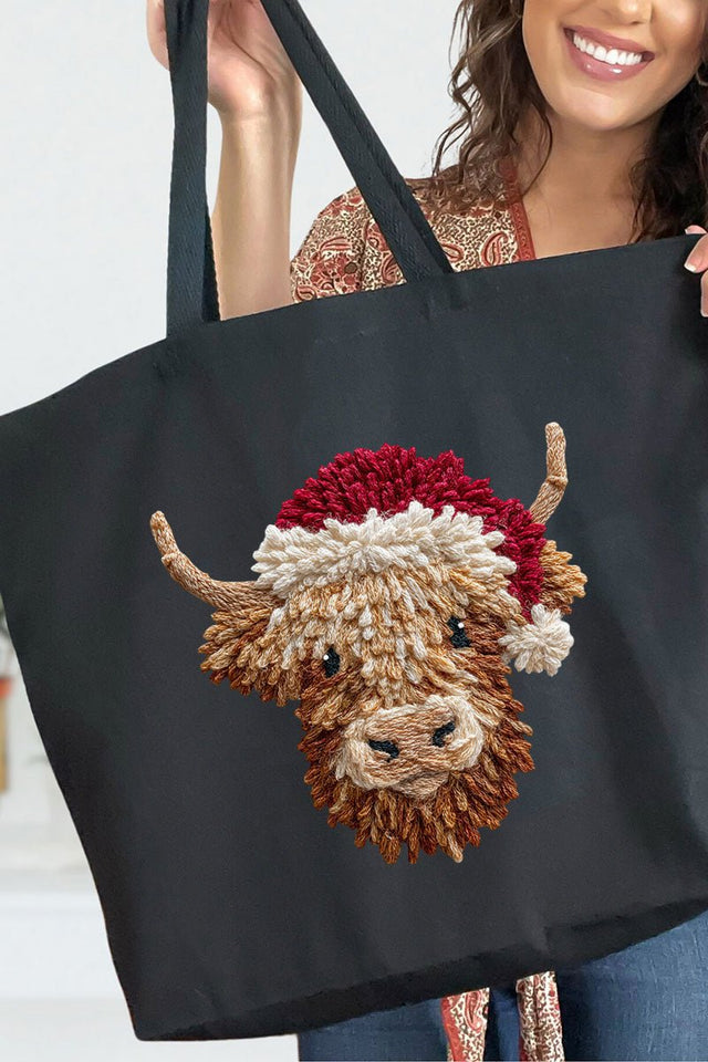 Faux Yarn Highland Cow Canvas Jumbo Tote - Wholesale Accessory Market