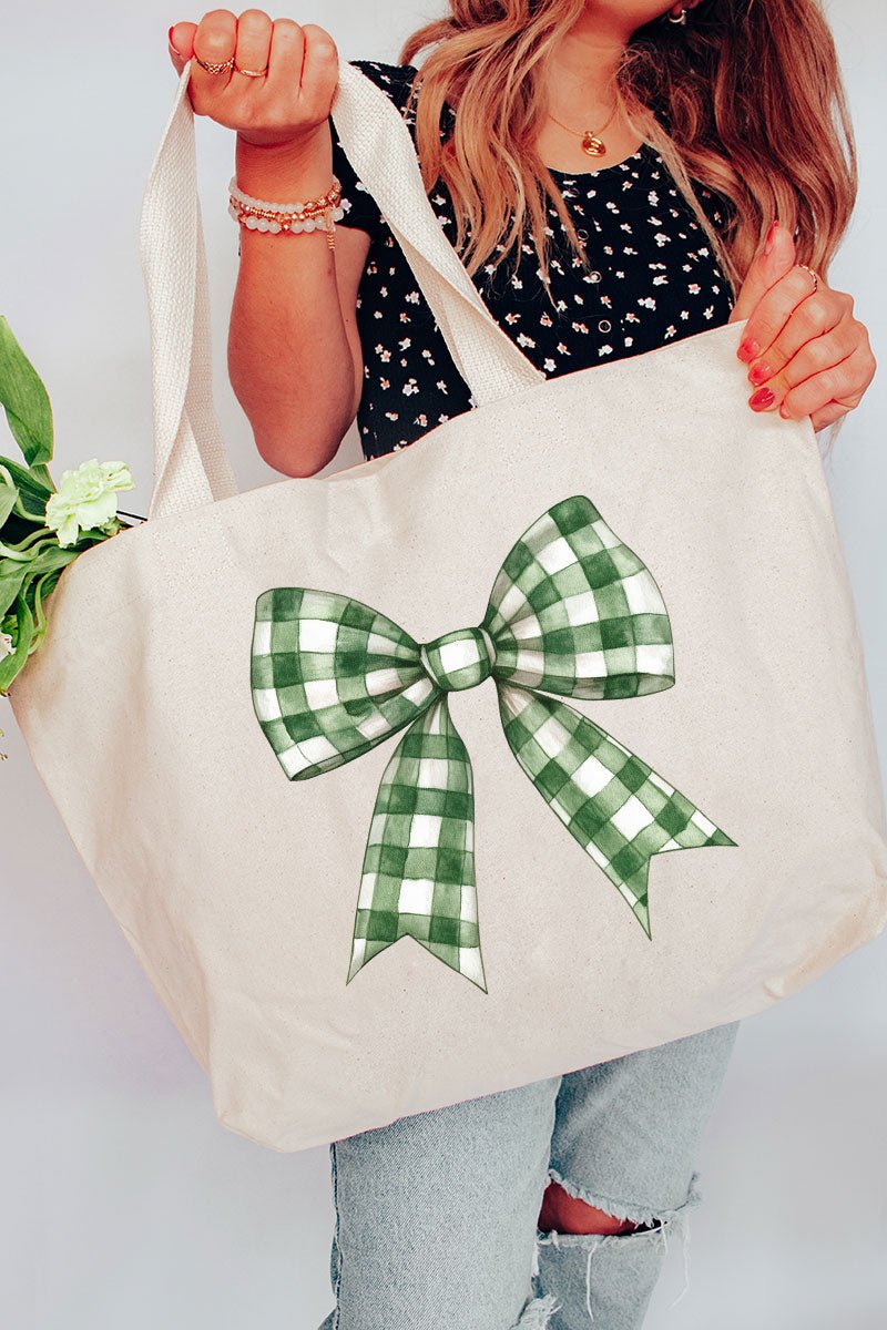 GINGHAM PEARL GREY MEDIUM TOTE - COATED CANVAS NATURAL with GINGHAM PEARL GREY TRIM