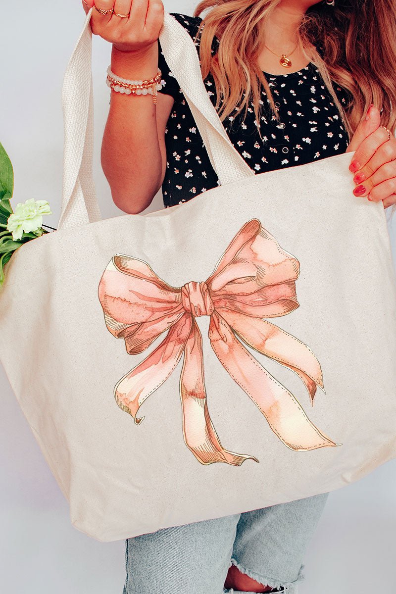 Peach Watercolor Bow Canvas Jumbo Tote - Wholesale Accessory Market