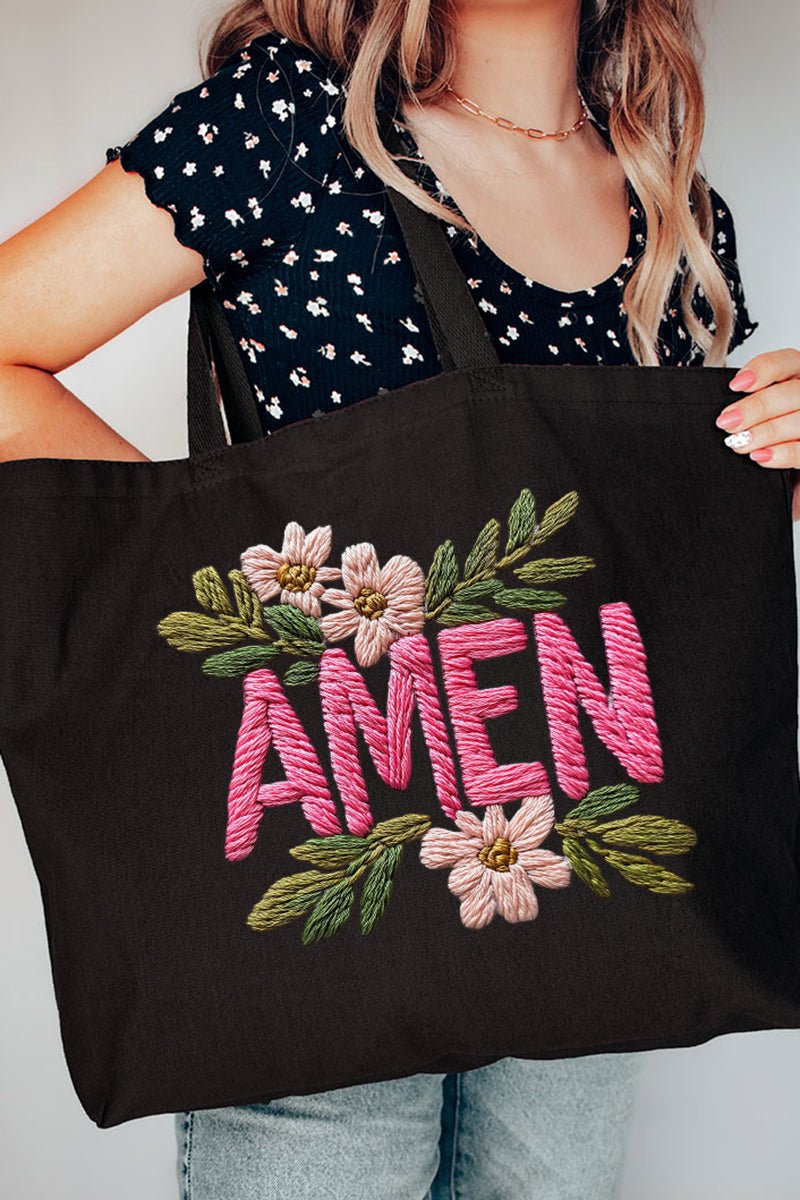 Pink Amen Faux Embroidery Canvas Jumbo Tote - Wholesale Accessory Market