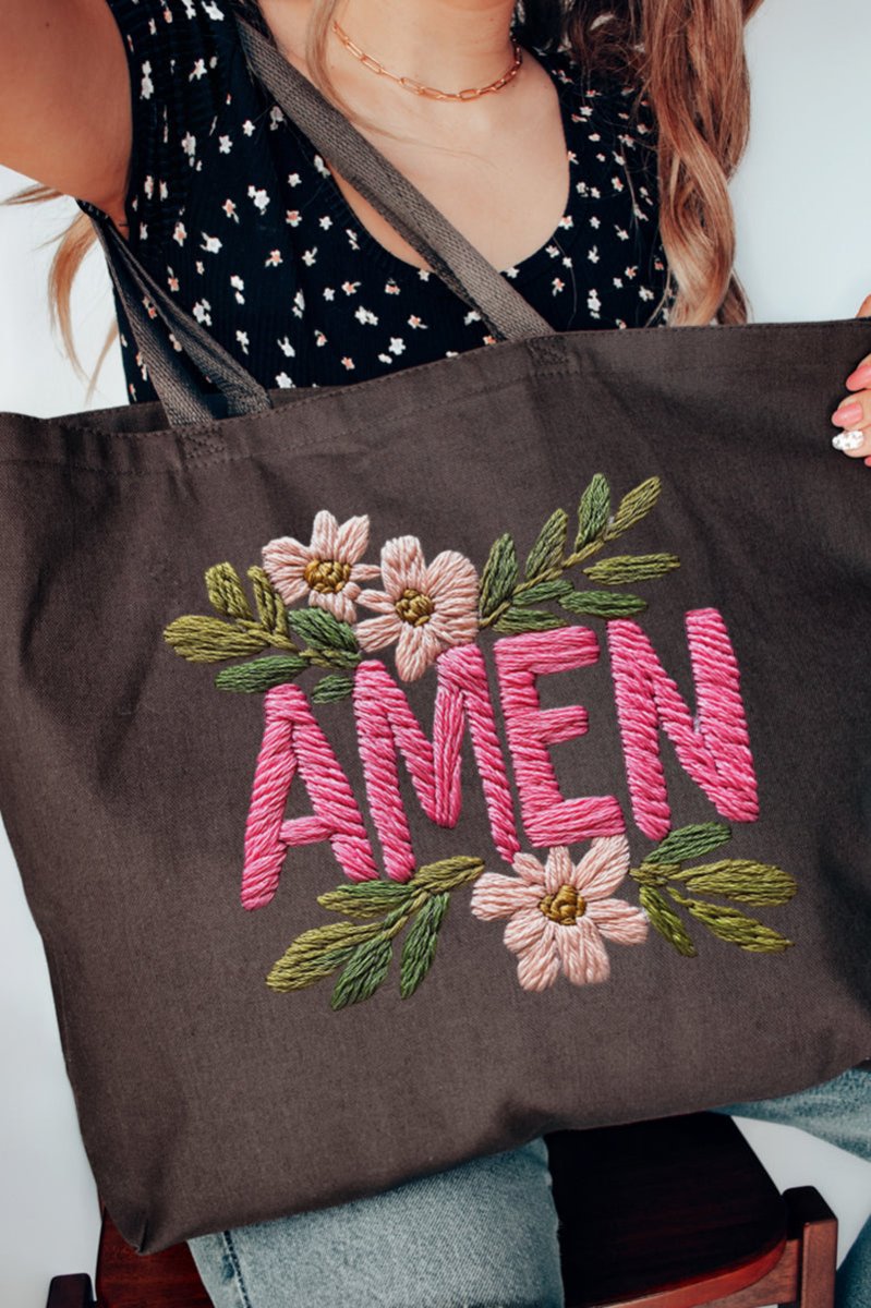 Pink Amen Faux Embroidery Canvas Jumbo Tote - Wholesale Accessory Market