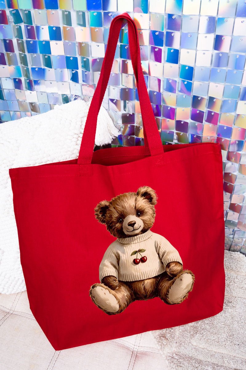 Vintage Cherry Teddy Bear Canvas Jumbo Tote - Wholesale Accessory Market