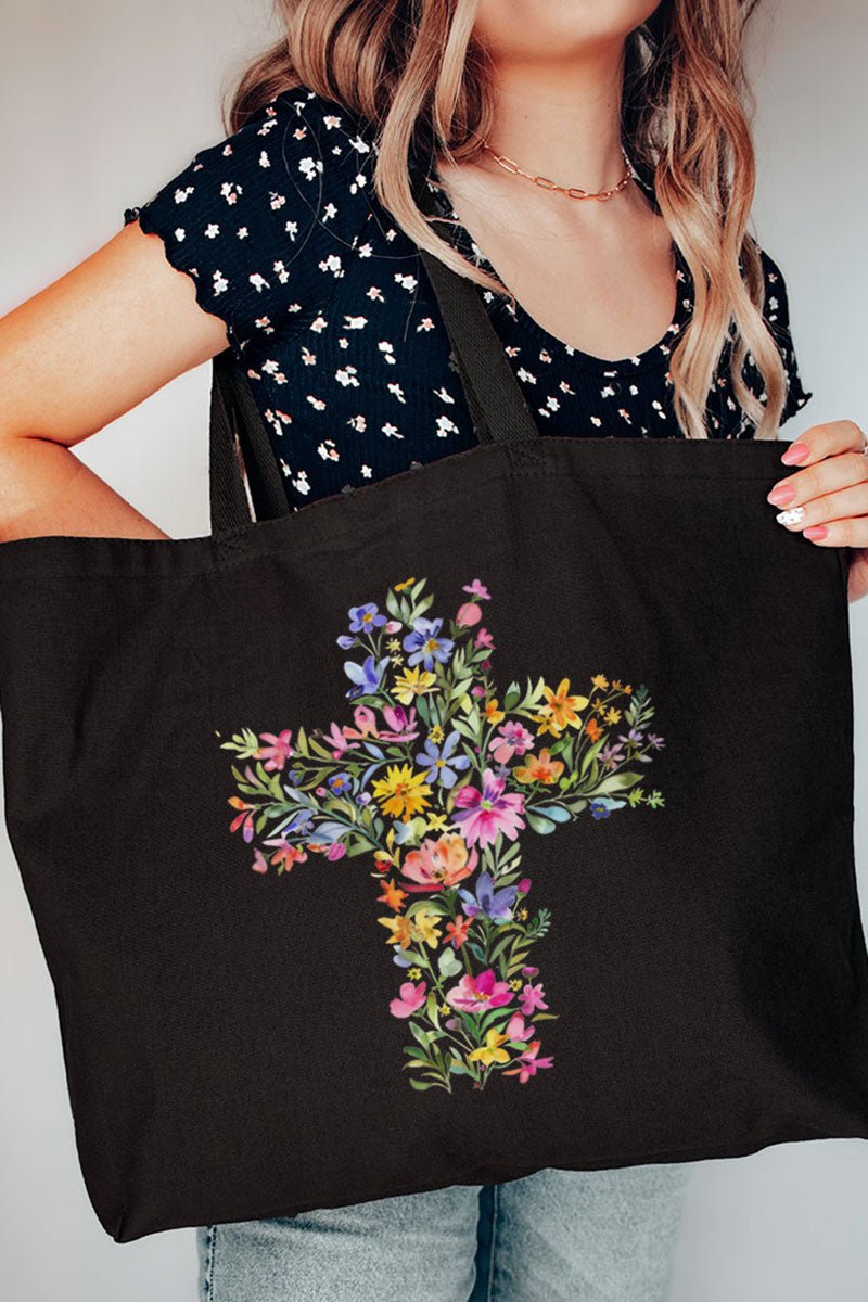 Watercolor Floral Cross Canvas Jumbo Tote - Wholesale Accessory Market