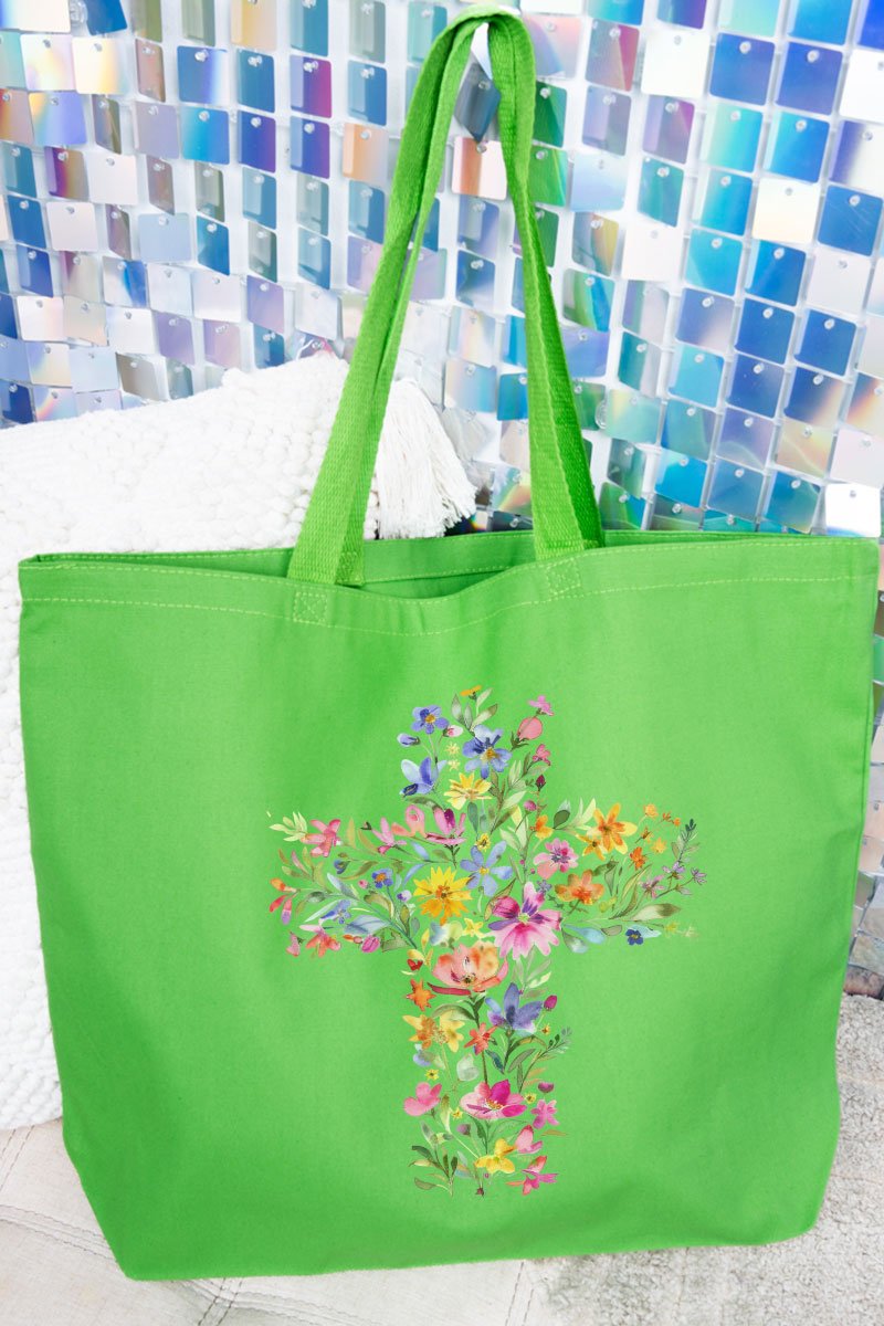 Watercolor Floral Cross Canvas Jumbo Tote - Wholesale Accessory Market