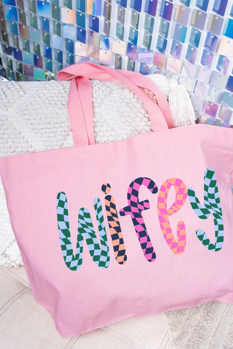 Wavy Checkered Wifey Canvas Jumbo Tote - Wholesale Accessory Market
