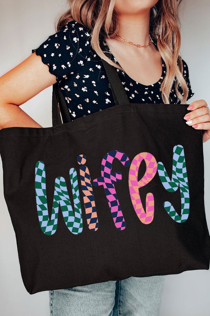 Wavy Checkered Wifey Canvas Jumbo Tote - Wholesale Accessory Market