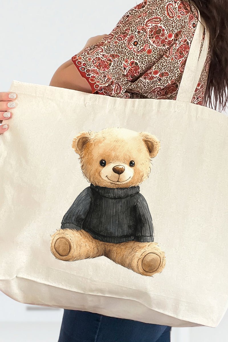 Black Vintage Teddy Bear Canvas Jumbo Tote - Wholesale Accessory Market