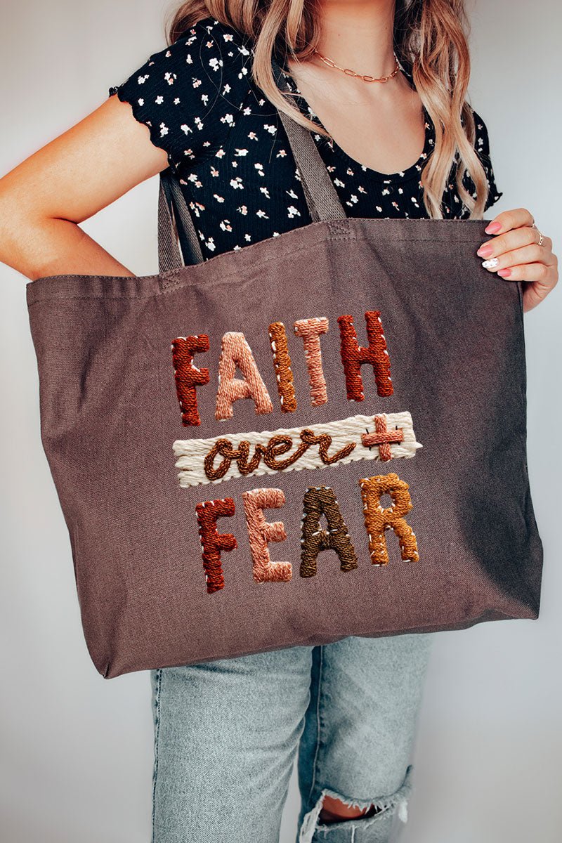 Faux Yarn Faith Over Fear Canvas Jumbo Tote - Wholesale Accessory Market