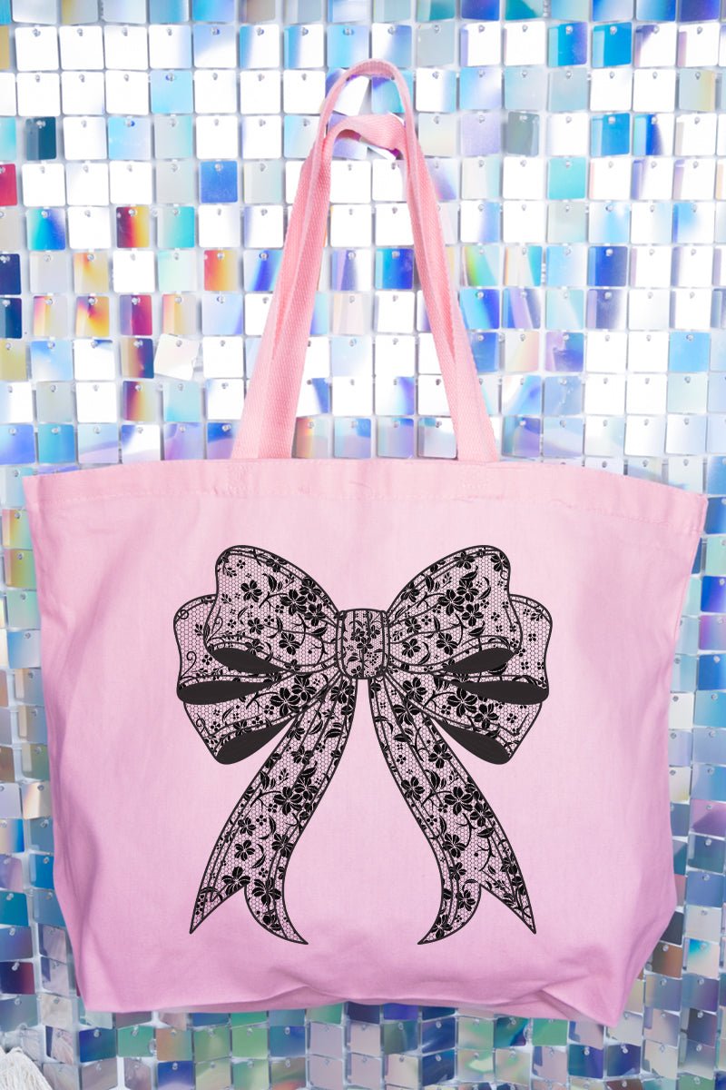 Black Lace Bow Canvas Jumbo Tote - Wholesale Accessory Market