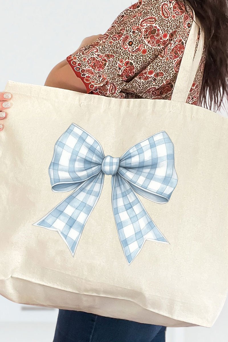 Blue Gingham Bow Canvas Jumbo Tote - Wholesale Accessory Market