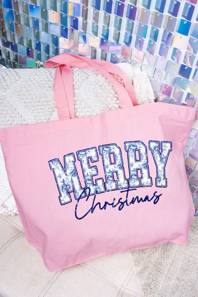 Chinoiserie Blue Merry Christmas Canvas Jumbo Tote - Wholesale Accessory Market