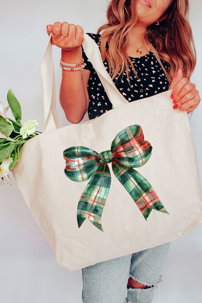 Christmas Plaid Coquette Bow Canvas Jumbo Tote - Wholesale Accessory Market
