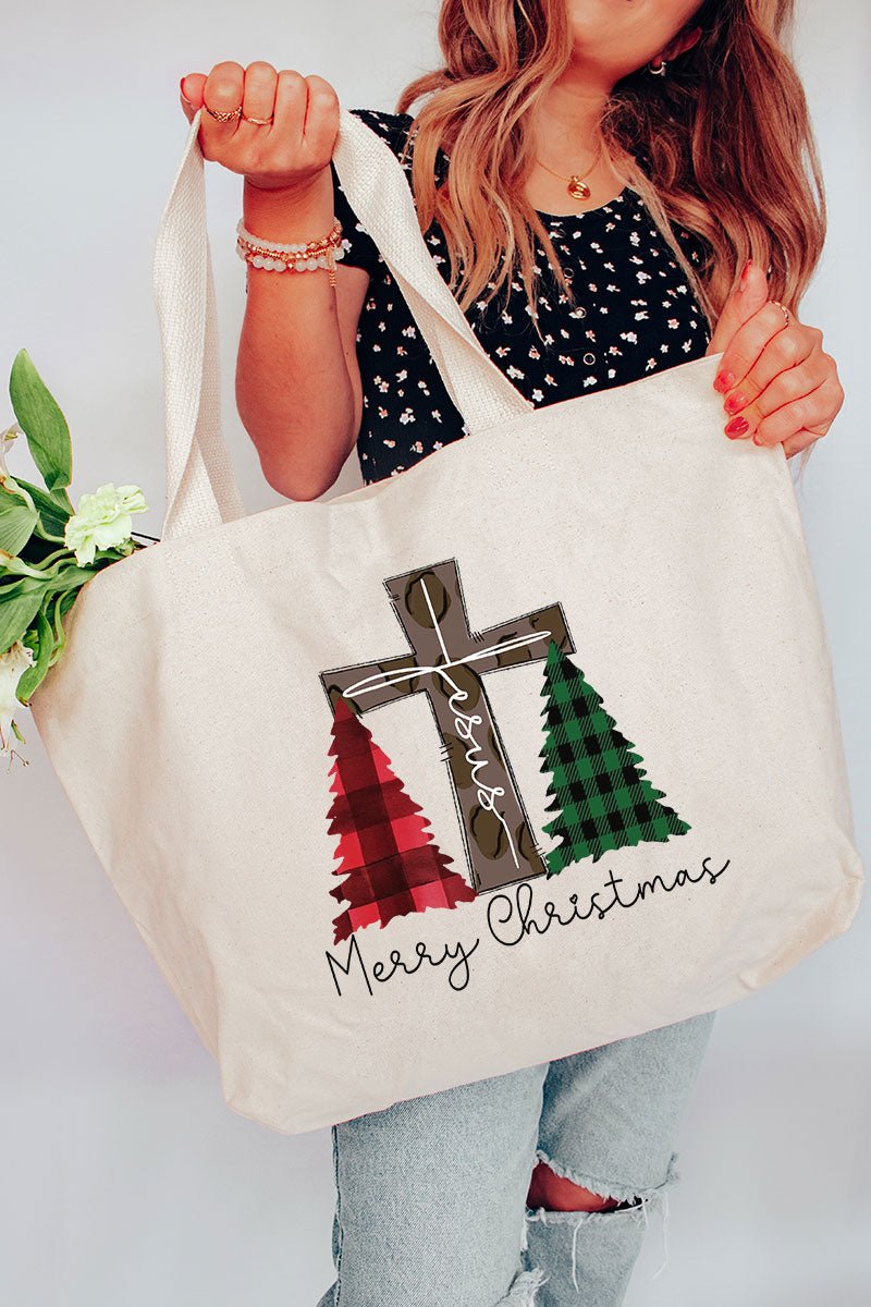 Cross Trees Merry Christmas Canvas Jumbo Tote - Wholesale Accessory Market
