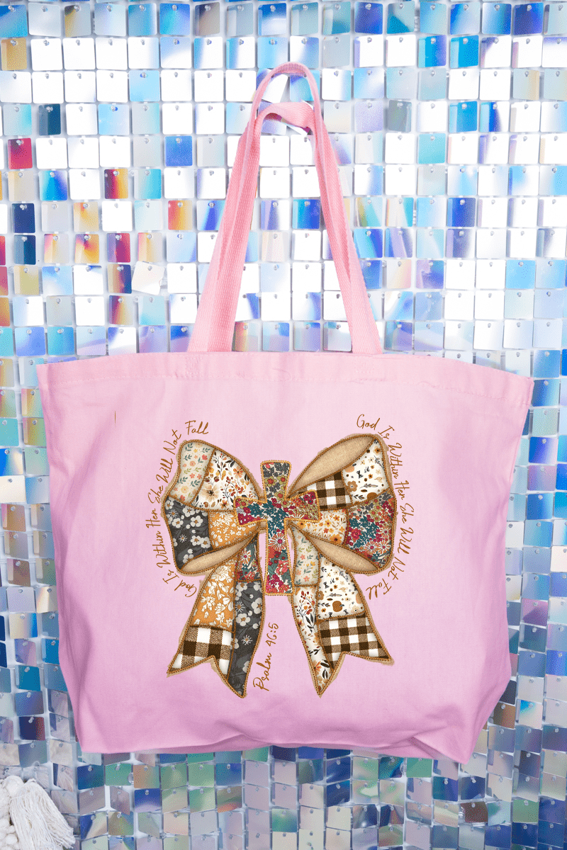 God Is Within Her Patchwork Bow Canvas Jumbo Tote - Wholesale Accessory Market