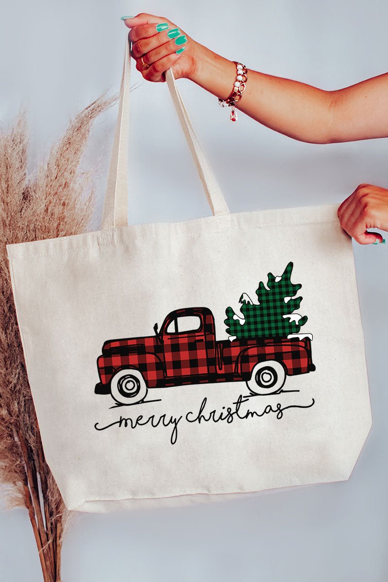 Merry Christmas Buffalo Plaid Truck Canvas Jumbo Tote - Wholesale Accessory Market