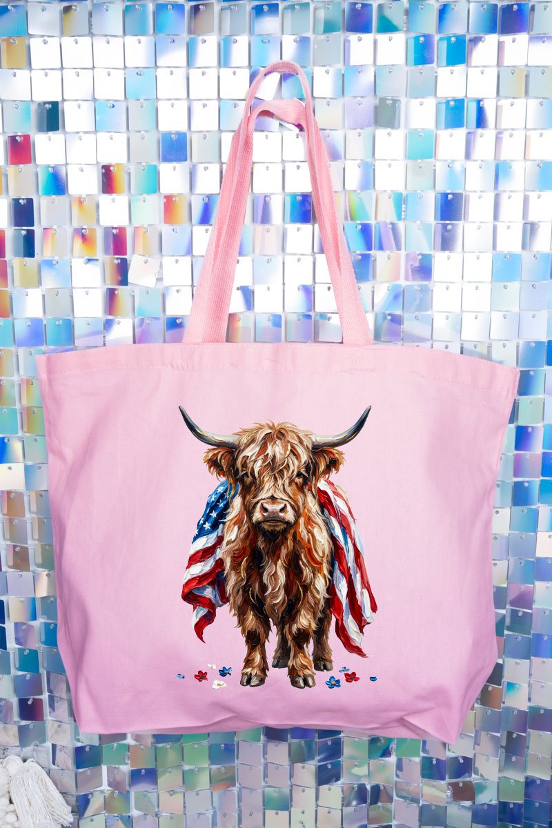 Painted Old Glory Highland Cow Canvas Jumbo Tote - Wholesale Accessory Market