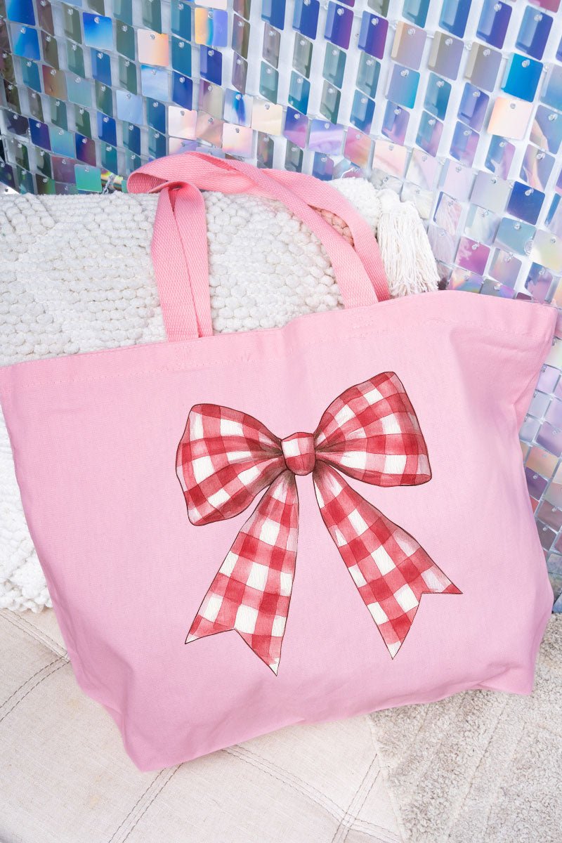 Red Gingham Bow Canvas Jumbo Tote - Wholesale Accessory Market
