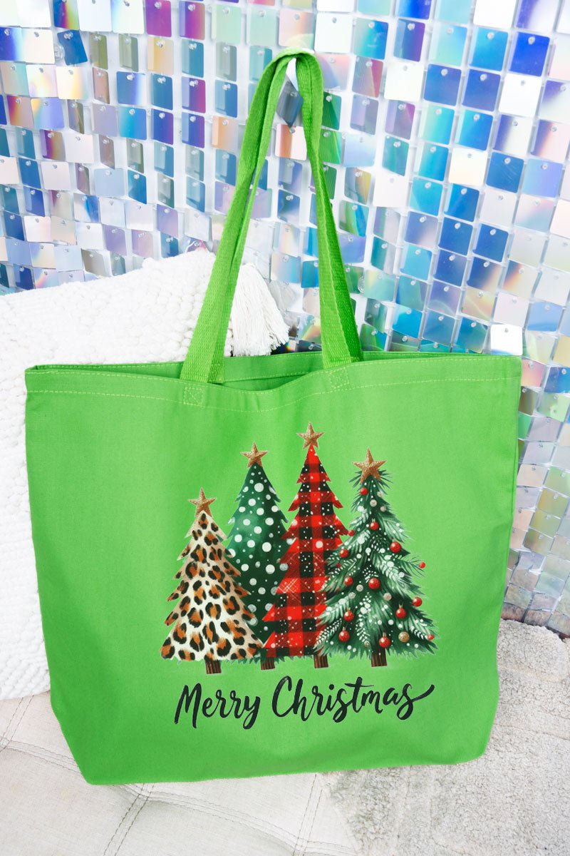 Mixed Print Trees Merry Christmas Canvas Jumbo Tote - Wholesale Accessory Market