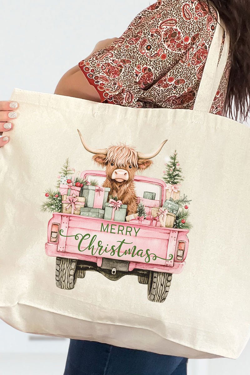Pink Highland Cow Christmas Canvas Jumbo Tote - Wholesale Accessory Market