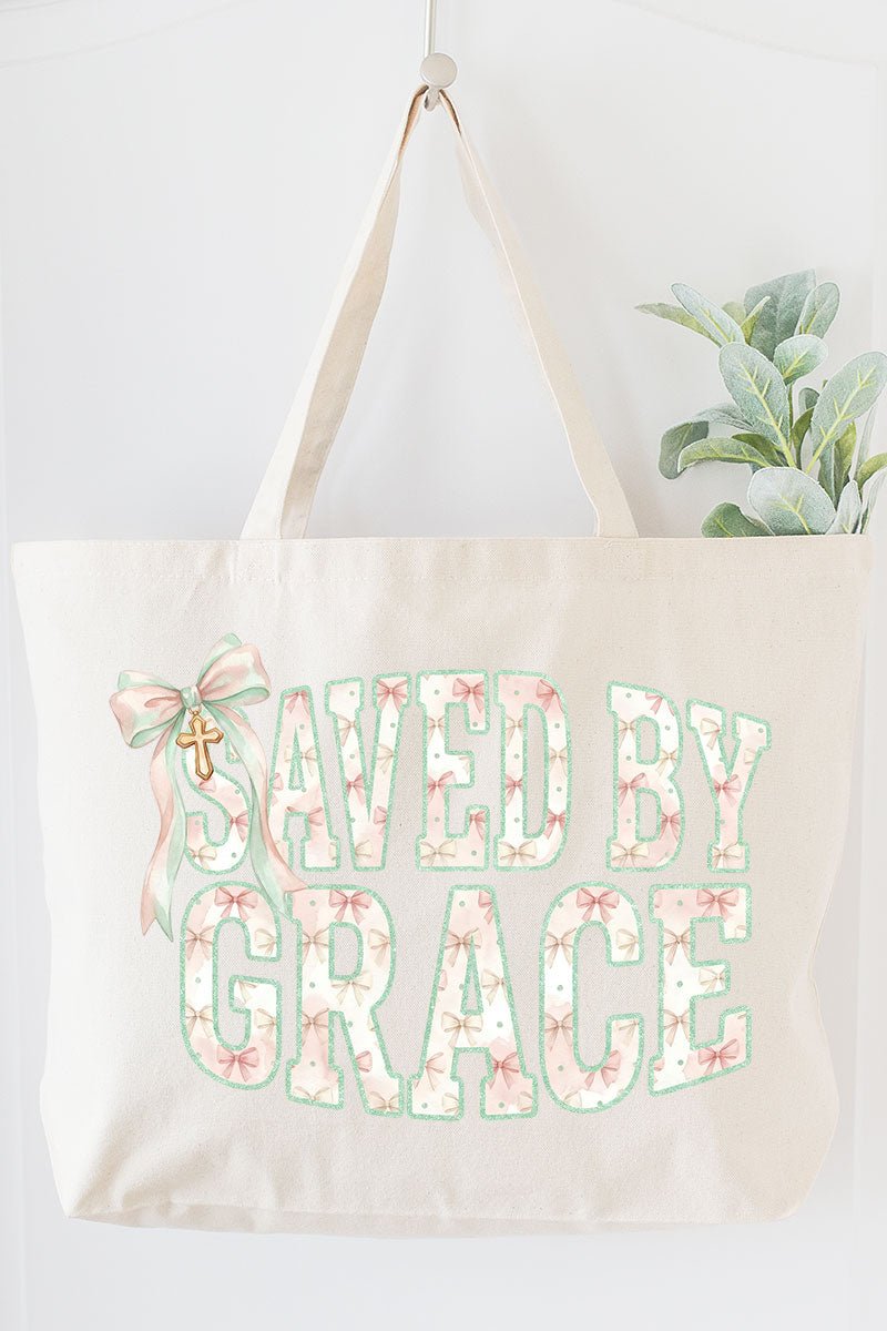 Coquette Cross Saved By Grace Canvas Jumbo Tote - Wholesale Accessory Market