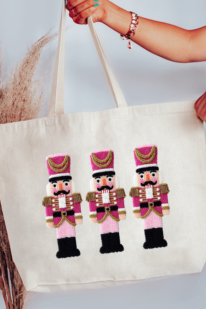 Faux Yarn Holiday Guard Nutcracker Canvas Jumbo Tote - Wholesale Accessory Market