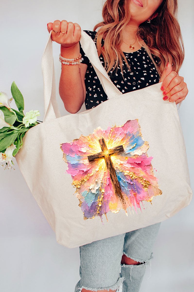 Pastel Brushstroke Cross Canvas Jumbo Tote - Wholesale Accessory Market