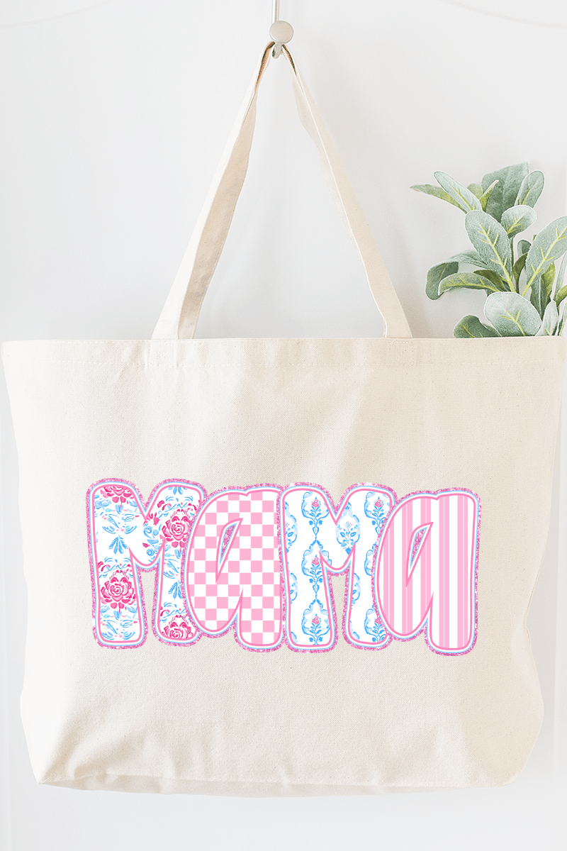 Preppy Pink And Blue Mama Canvas Jumbo Tote - Wholesale Accessory Market