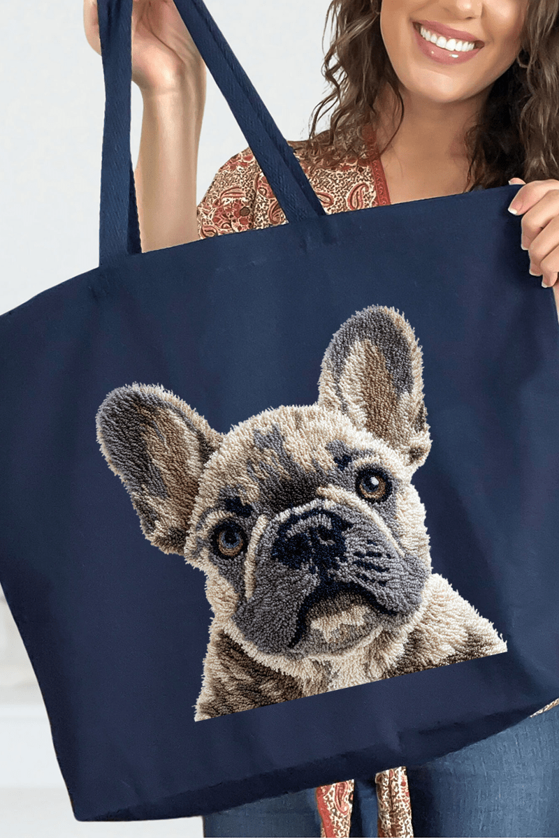 Faux Yarn French Bulldog Canvas Jumbo Tote - Wholesale Accessory Market