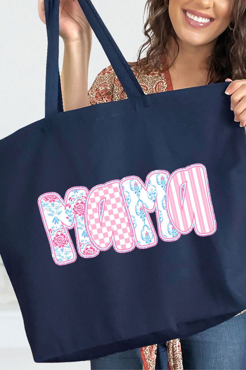 Preppy Pink And Blue Mama Canvas Jumbo Tote - Wholesale Accessory Market