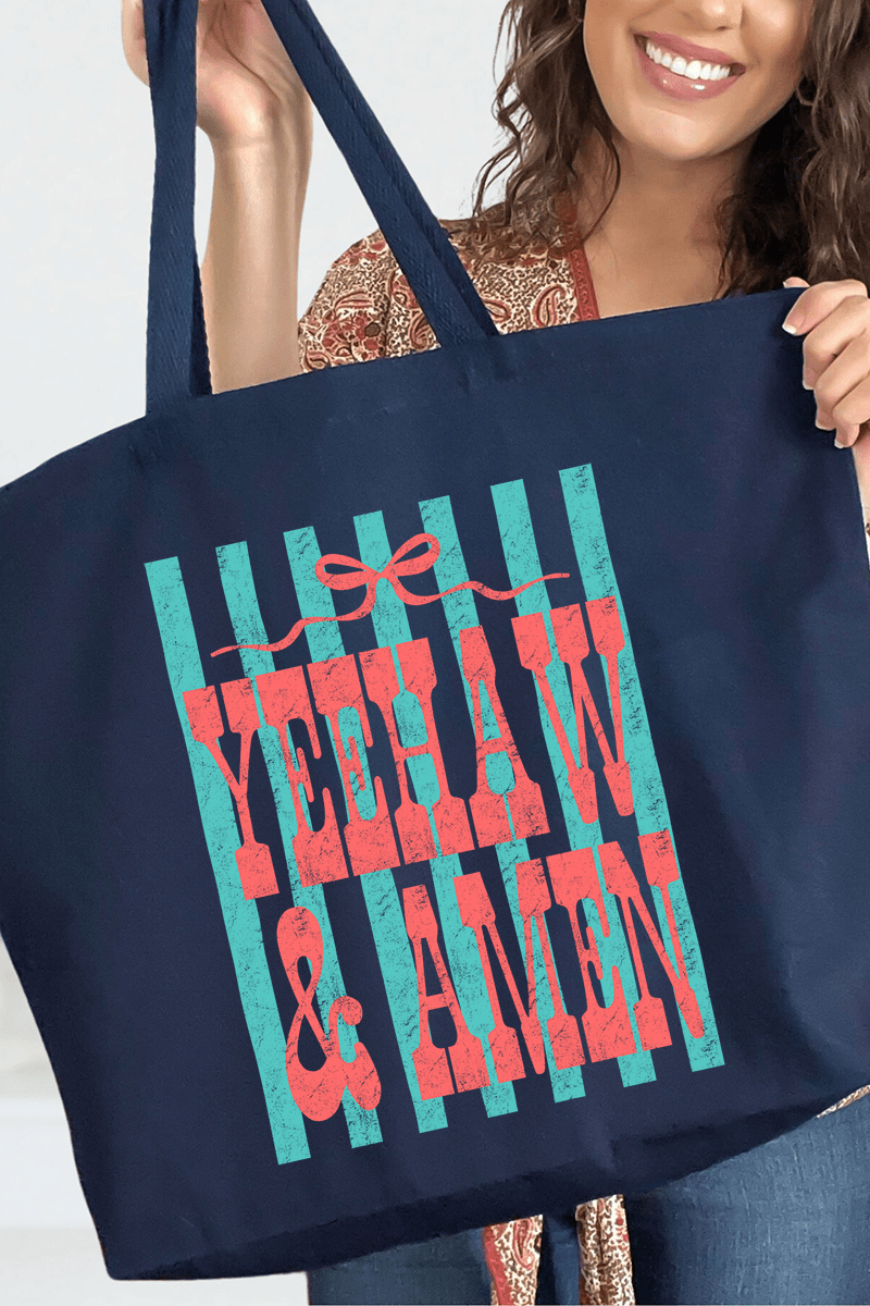 Striped Yeehaw & Amen Canvas Jumbo Tote - Wholesale Accessory Market