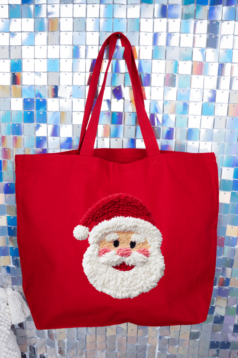 Faux Yarn Stitched With Cheer Santa Canvas Jumbo Tote - Wholesale Accessory Market