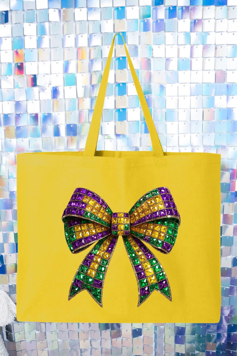 Faux Rhinestone Mardi Gras Bow Canvas Jumbo Tote - Wholesale Accessory Market