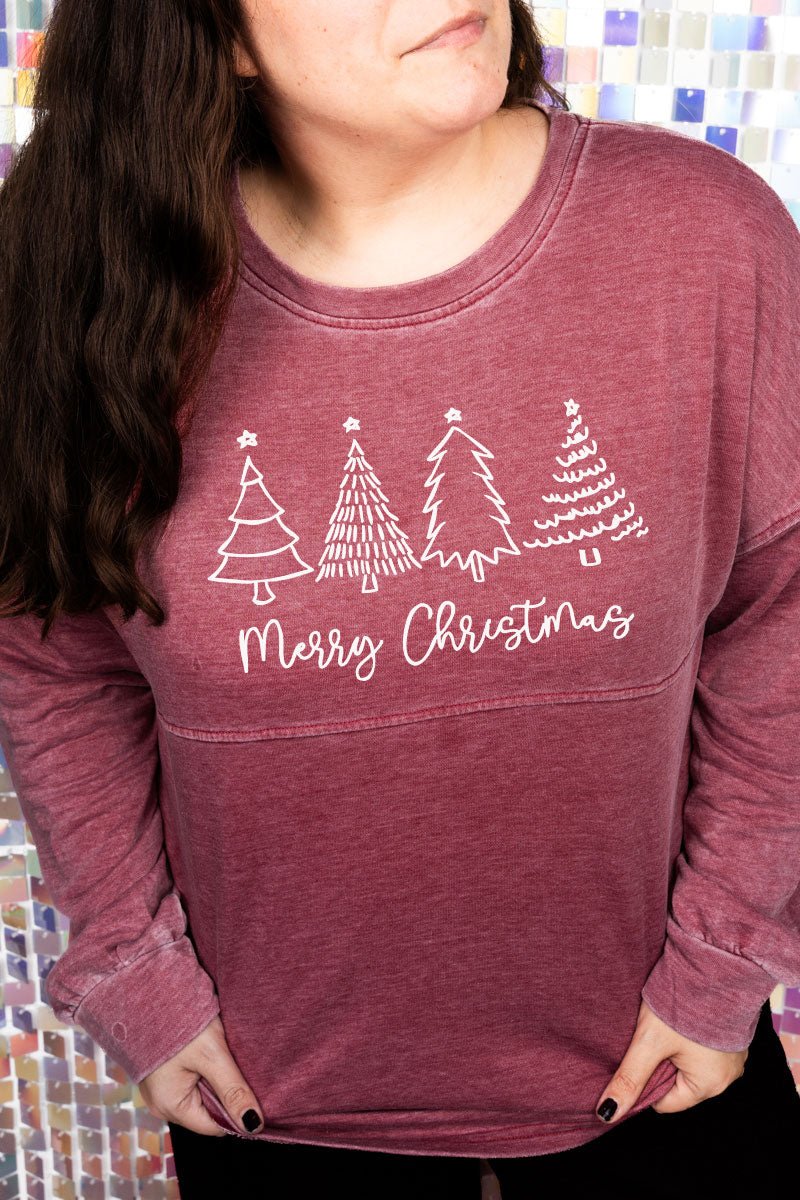 White Merry Christmas Trees Crimson Mineral Wash Tunic Top - Wholesale Accessory Market