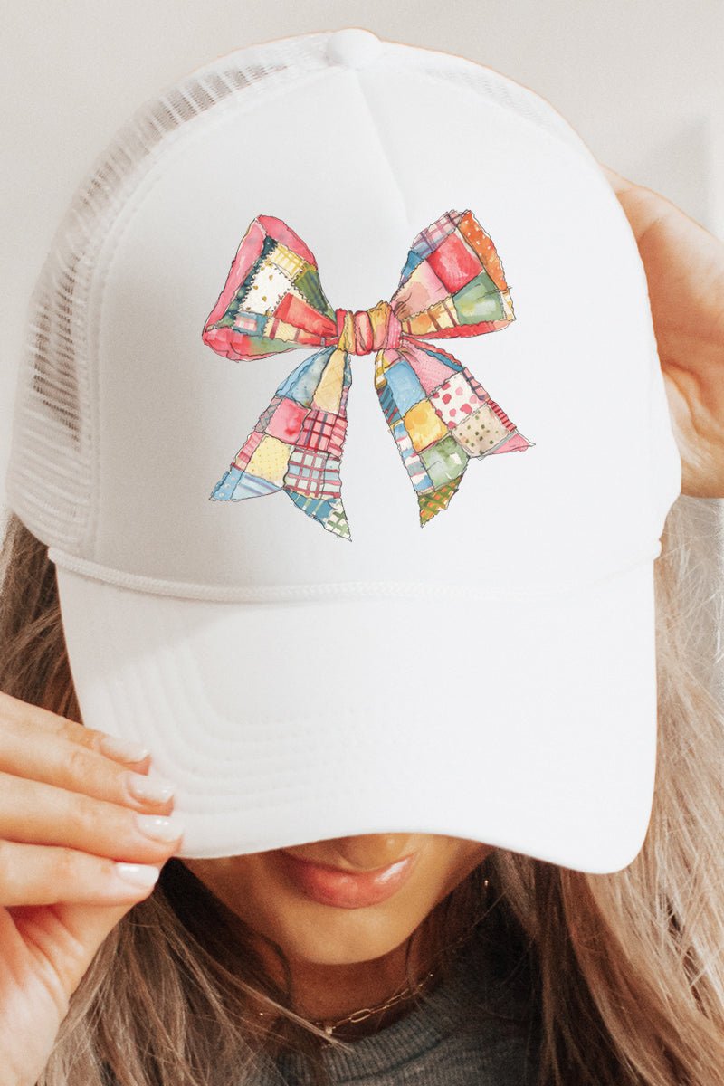 Faux Patchwork Quilt Stripe Bow Foam Mesh Back Trucker Cap - Wholesale Accessory Market