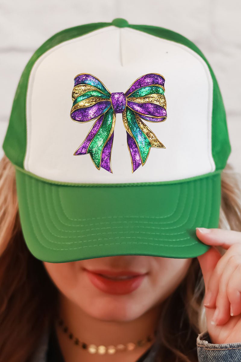 Glitzy Mardi Gras Bow Tab Transfer Foam Mesh Back Trucker Cap - Wholesale Accessory Market