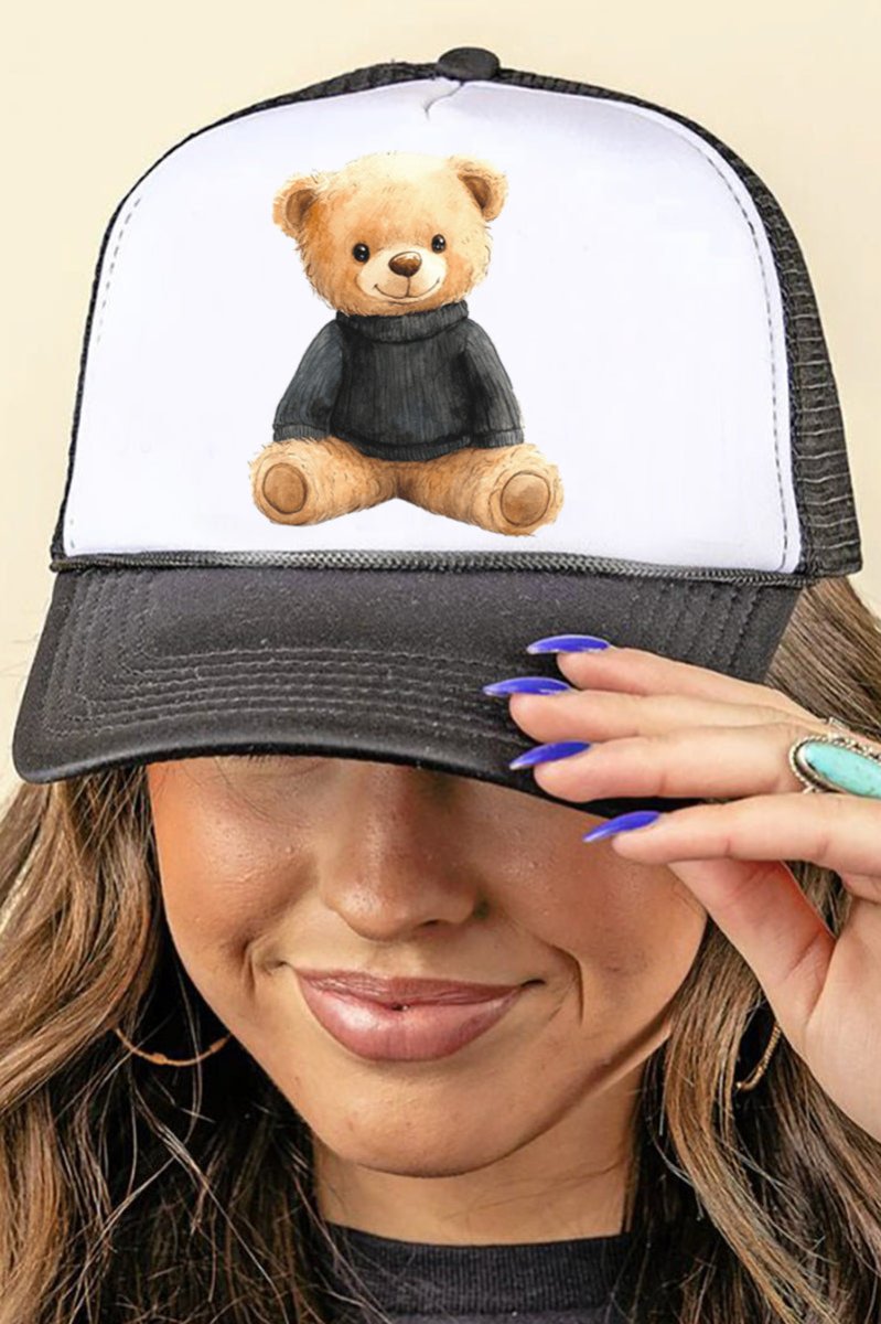 Black Vintage Teddy Bear Foam Mesh Back Trucker Cap - Wholesale Accessory Market