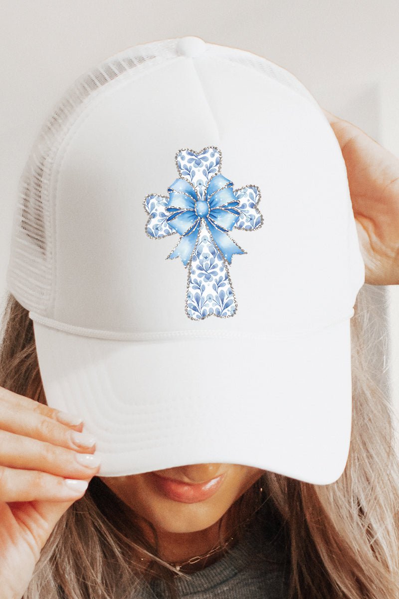 Blue Chinoiserie Cross Foam Mesh Back Trucker Cap - Wholesale Accessory Market