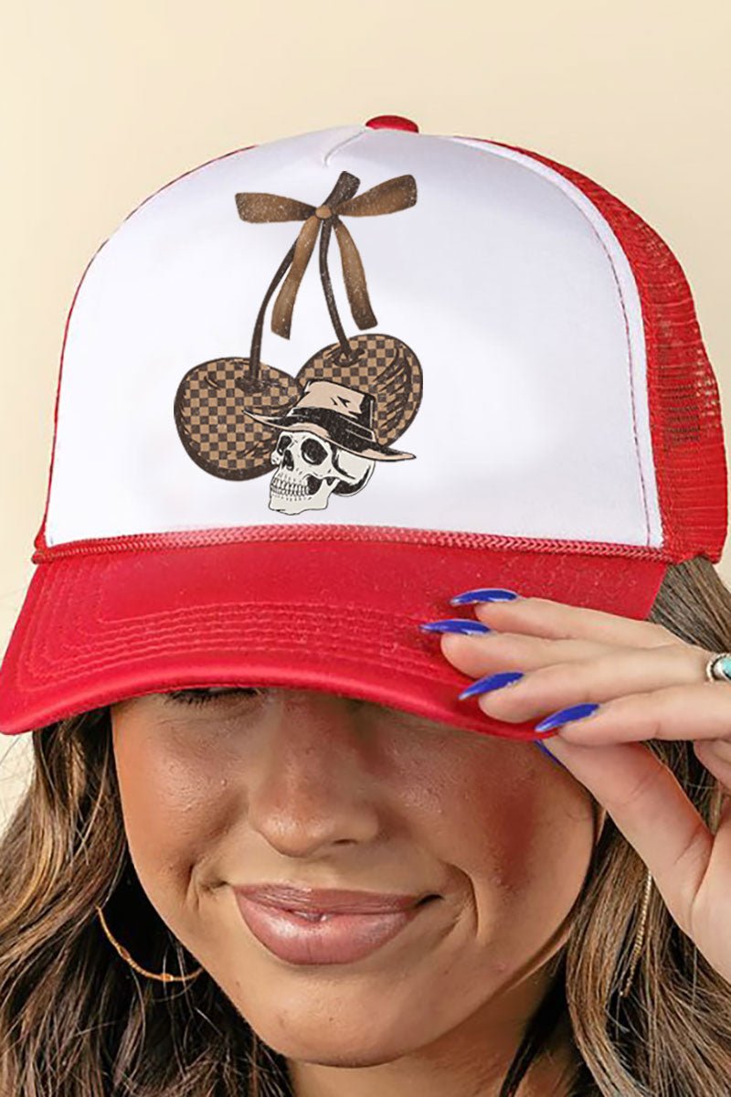 Skull Checkered Cherries Foam Mesh Back Trucker Cap - Wholesale Accessory Market