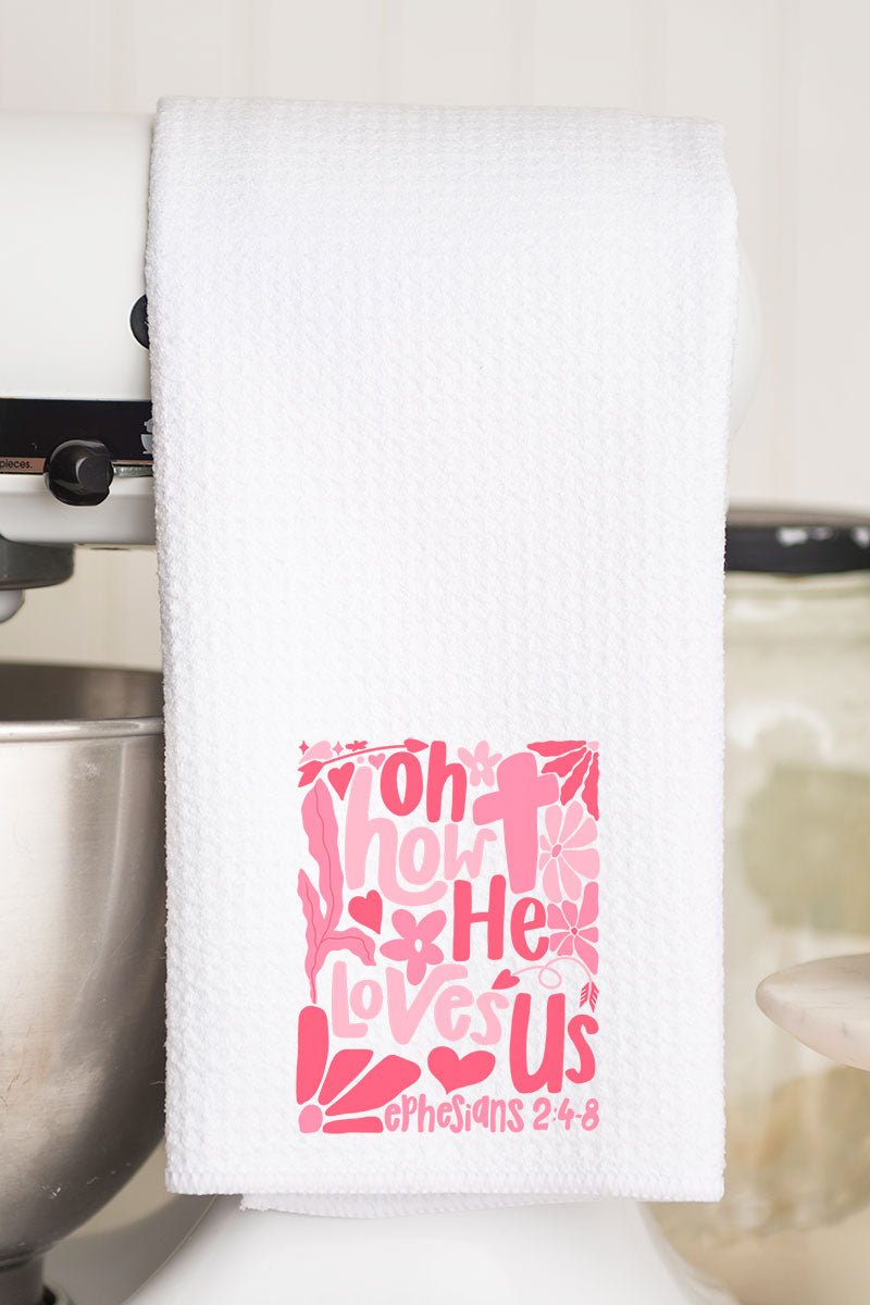 Boho Cross How He Loves Us Waffle Kitchen Towel - Wholesale Accessory Market