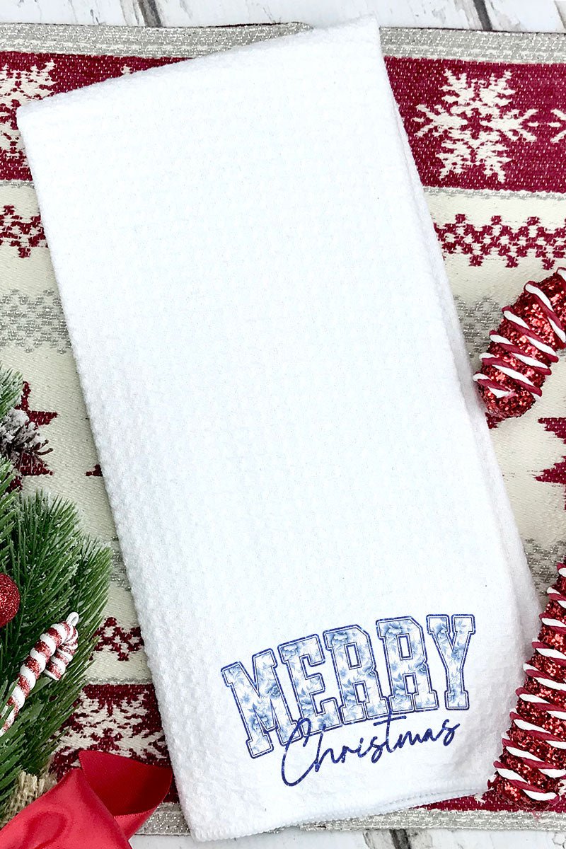Chinoiserie Blue Merry Christmas Waffle Kitchen Towel - Wholesale Accessory Market