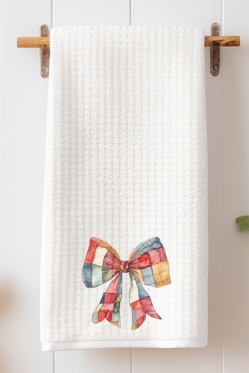 Faux Patchwork Red Bow Waffle Kitchen Towel - Wholesale Accessory Market