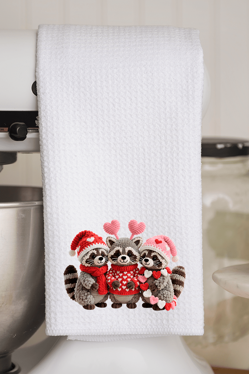 Faux Yarn Raccoon Romance Waffle Kitchen Towel - Wholesale Accessory Market