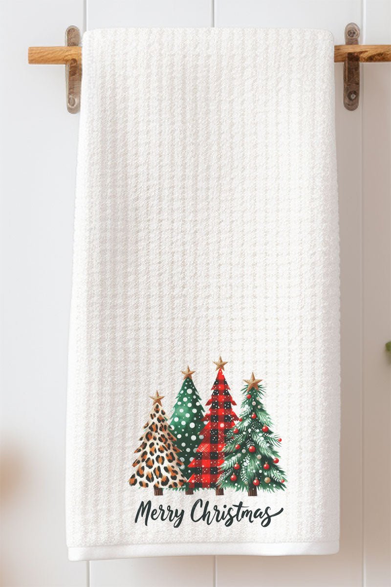 Mixed Print Trees Merry Christmas Waffle Kitchen Towel - Wholesale Accessory Market