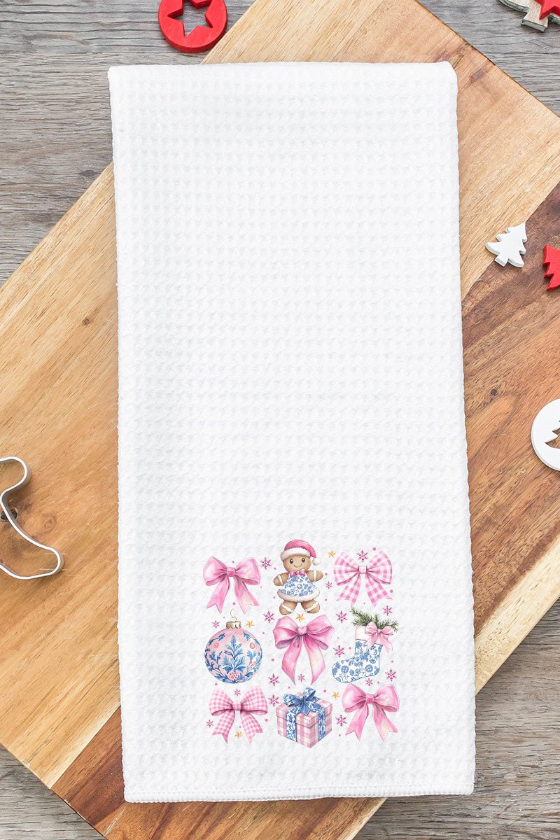 Pink Chinoiserie Christmas Waffle Kitchen Towel - Wholesale Accessory Market
