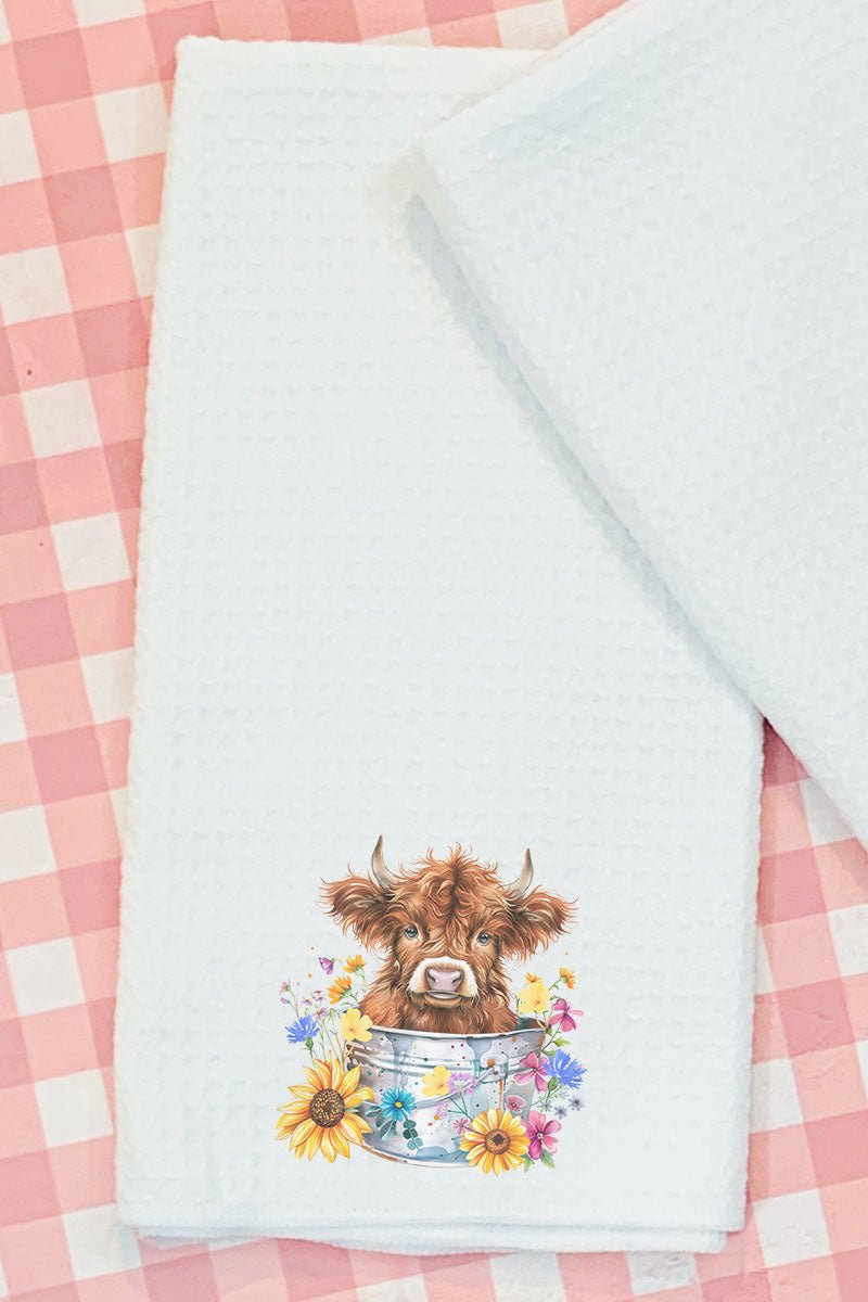 Springtime Highland Cow Waffle Kitchen Towel - Wholesale Accessory Market