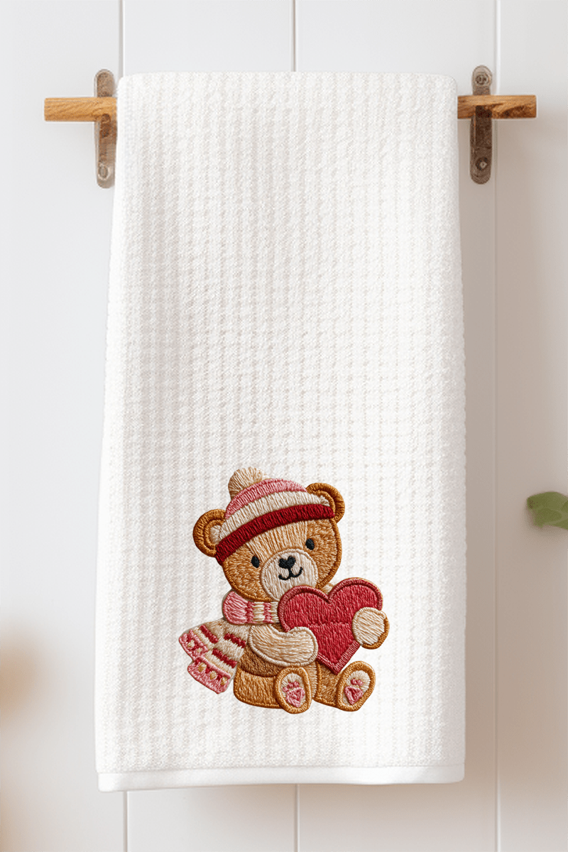 Teddy's Threaded Heart Waffle Kitchen Towel - Wholesale Accessory Market