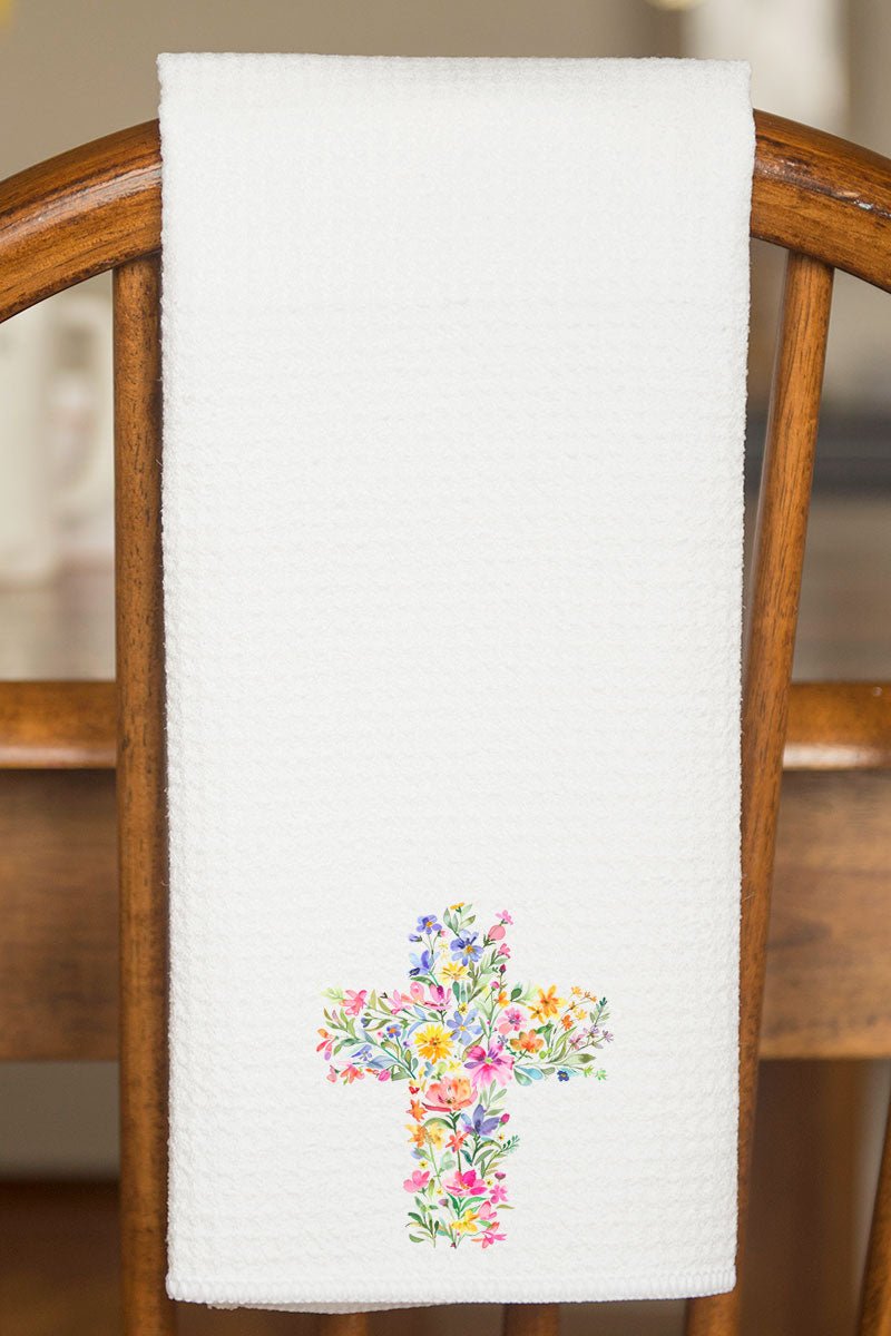 Watercolor Floral Cross Waffle Kitchen Towel - Wholesale Accessory Market